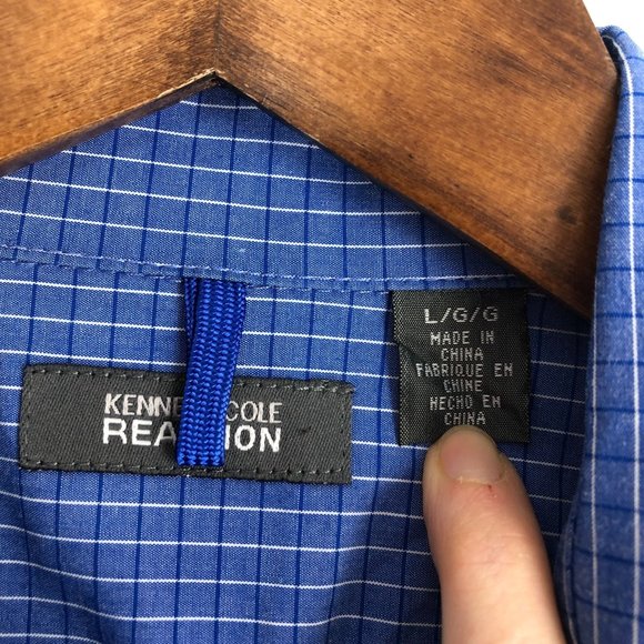 Kenneth Cole Reaction Men's Size Large Blue White Plaid Button Down Shirt - Picture 6 of 10
